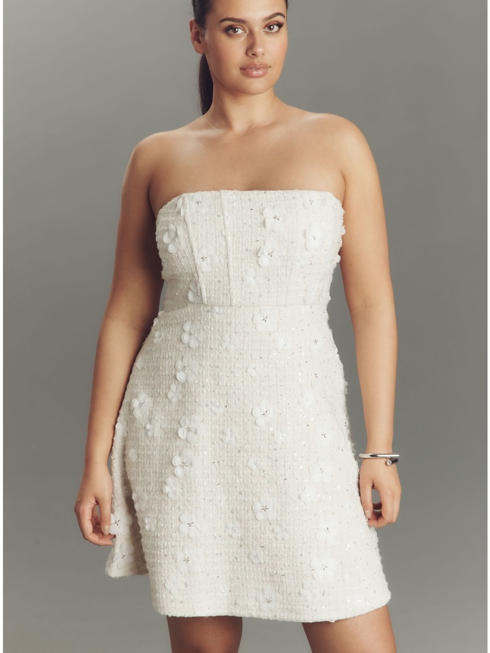 Anthropologie Ivory Strapless Floral Appliqué Mini Dress